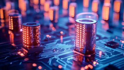 Illuminated data cylinders on circuit board; server room background