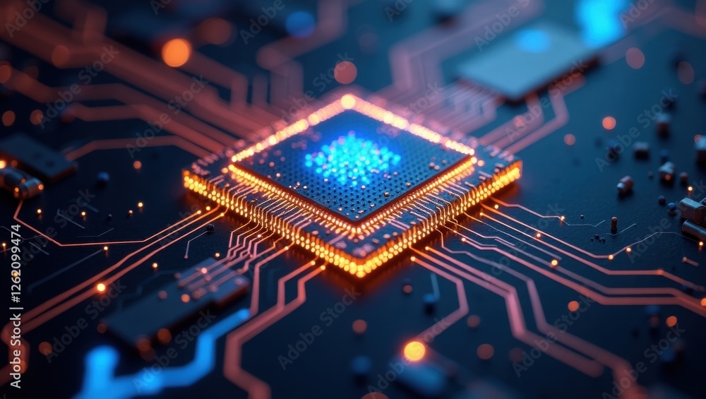 Poster innovative graphene circuit board with glowing components highlighting advanced technology in electr
