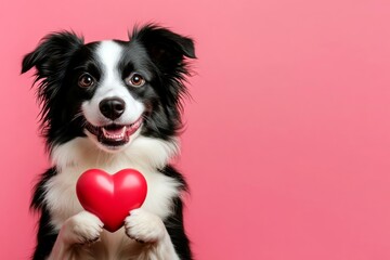 Fototapeta premium Marketing conceptual art. Border collie - my cherished dog. Cute border collie canine with domestic animal toy red heart - symbol of love, funny greeting card. Dog and heart. Love animals.