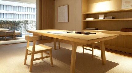 Modern minimalist wooden desk, chair, city view office