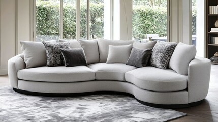 Modern Curved Sofa in Bright Living Room with Soft Pillows