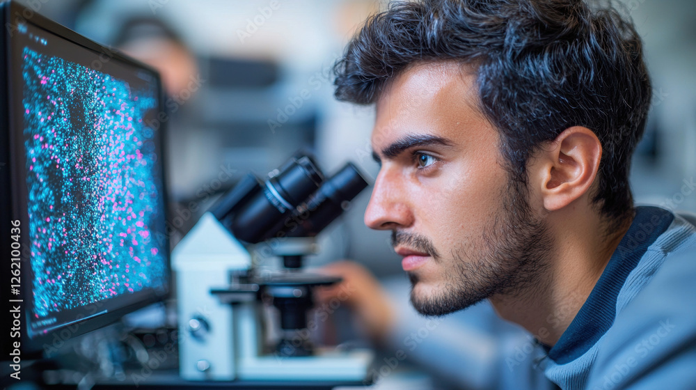 Poster scientist examines graphene sheet under electron microscope in high-tech lab showcasing quantum prop