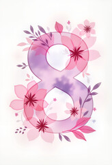Abstract watercolor number 8 with pink and purple floral elements