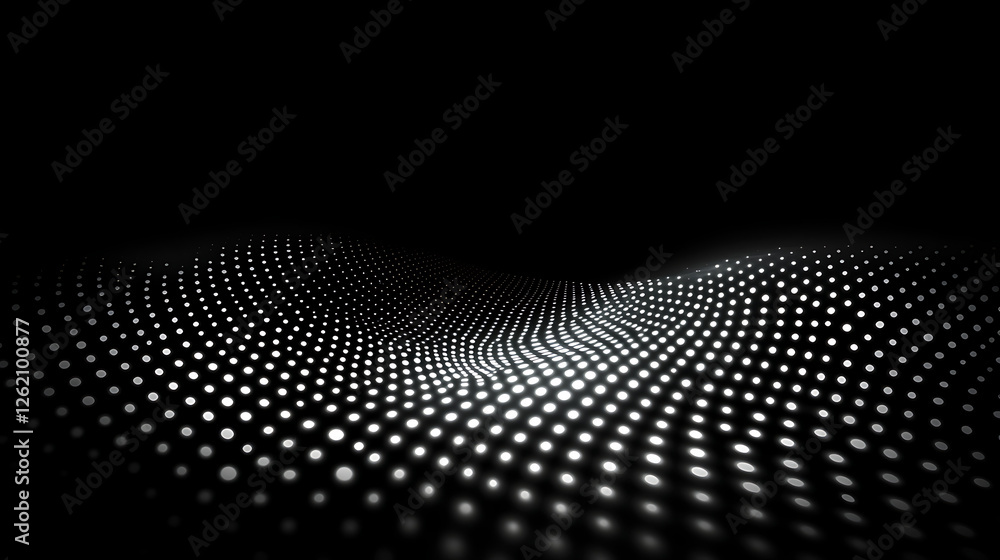 Poster dotted abstract waveform landscape of glowing nodes on a dark plane tech background design