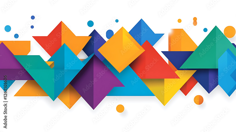 Poster dynamic abstract composition of geometric shapes in vibrant colors and overlapping designs on white