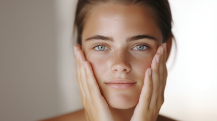 Close-up of a young woman gently cleansing her face, highlighting skincare, beauty, and self-care. Perfect for wellness, dermatology, and cosmetic product concepts.