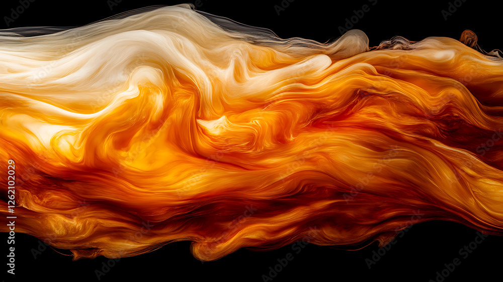 Poster dynamic flowing amber tones in abstract swirls forming golden waves on black canvas backdrop
