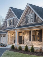 Obraz premium Large two-story craftsman home with large windows and stone exterior walls. Garage has a painted door.