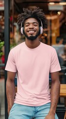 A man wearing light pink color t shirt mockup; with wireless headphones; at the cafe; front view