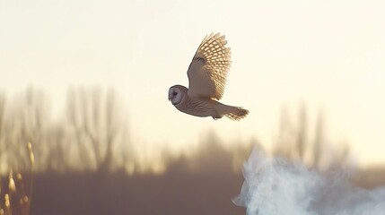 Obraz premium Owl flying sunset field winter fog nature