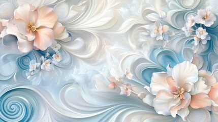 An elegant cream swirl background adorned with intricate floral patterns in soft pastel hues