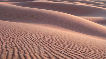Naklejka premium Contours of sand dunes against a pink sunset, with warm shades of beige and soft pink tones. Sand textures smoothly transition into gray shadows.