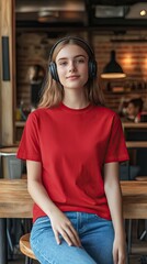 Fototapeta premium T-shrit mockup | A woman wearing red color t shirt mockup; with wireless headphones; at the cafe; front view