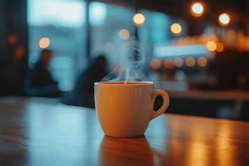 A close-up shot of a person&rsquo;s hand lifting a steaming cup of coffee to their lips in a bustling coffee shop, with a blurred background and warm, inviting atmosphere