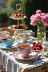 Fototapeta premium Elegant high tea setup with pastel porcelain cups on terrace, celebration