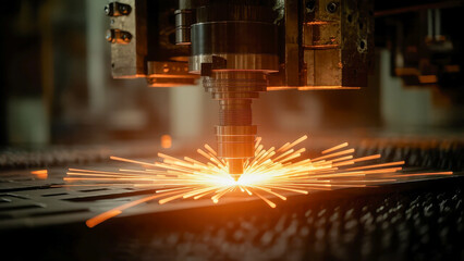 Plasma cutting of metal demonstrates bright orange sparks flying in different directions. High temperature and precision of the process.