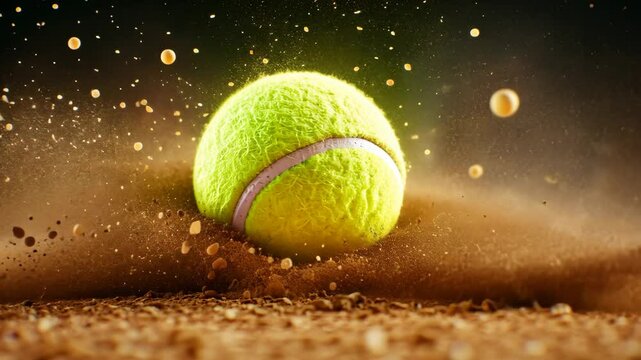 Tennis ball bouncing and creating dust cloud on clay court