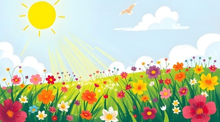 Obraz premium a bright yellow sun shining down on a lush green meadow filled with flowers of various colors, generative ai