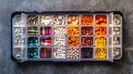 Organized selection of vitamins and supplements in a clear storage case displayed on a textured surface