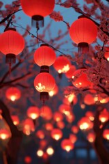 Obraz premium Beautiful tree adorned with traditional Chinese lanterns during twilight, creating a serene and festive atmosphere.