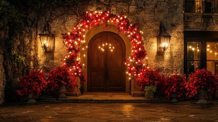 Fototapeta premium Beautiful Festive Entrance with Lights and Flowers at Night