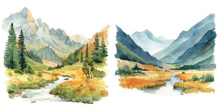 tibetan valley watercolor vector illustration