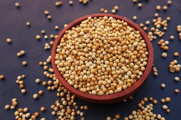 Coriander or Coriandrum sativum in a wooden bowl and some scattered around it, with black background and close up view.