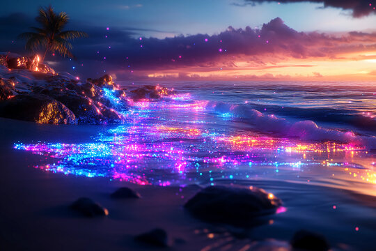 Digital glitch effect on a beach scene with fragmented waves, sand, and neon colors, creating a surreal coastal landscape with a futuristic twist - Powered by Adobe