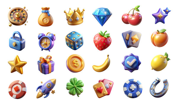 Set of 3d casino icons, slot game illustrations, UI icon set, poker chips. Shiny and sparkly iconset. Games assets. Vegas jackpot icons. Gold crown and money bags. Isolated png assets