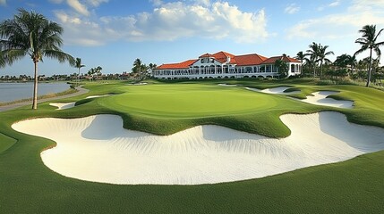Luxury golf course clubhouse, green, sand trap, palm trees, sunny day, resort