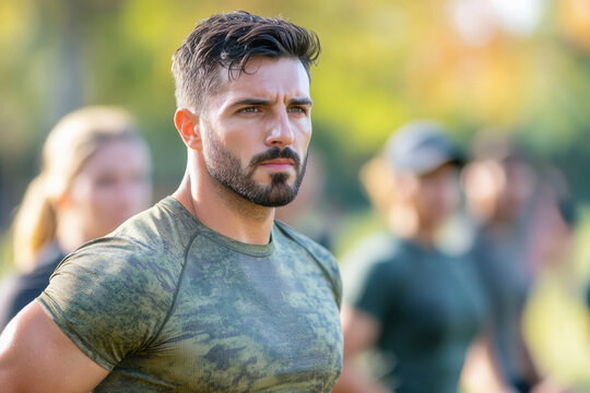 A fitness coach, muscular and energetic, wearing a tight-fit workout outfit, is guiding a group of trainees in an outdoor boot camp session. - Powered by Adobe