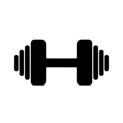 Black and White Dumbbell Icon:  A minimalist and bold black and white silhouette of a dumbbell, symbolizing fitness, strength, and perseverance. Perfect for web design, app design, print materials.