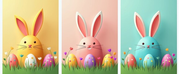 Vibrant Easter Scene: Animated Bunnies and Colorful Eggs Against Pastel Background. A set of three colorful Easter bunnies and eggs in grass.