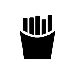 French Fries Icon: A simple, bold black icon depicting a classic serving of french fries in a takeaway container. Perfect for menus, apps, and websites. 