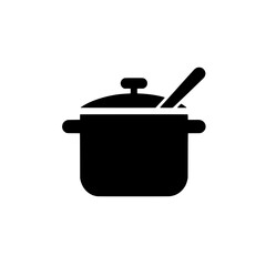 Cooking Pot Icon: Simple and clean vector icon of a cooking pot with a spoon, ideal for recipe websites, food blogs, and cooking apps. Perfect for representing cooking, food preparation.