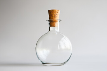 A Transparent Glass Bottle with a Cork Stopper Resting on a Subtle Gray Surface.