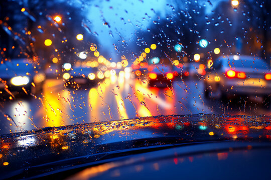 Foggy rainy night from inside a car, driver stuck in traffic with red taillights ahead, and water droplets streaking the windshield, creating a moody atmosphere