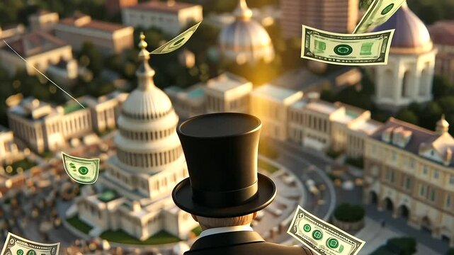 Giant Corporation Dominating Government in Monopoly-Themed Cartoon