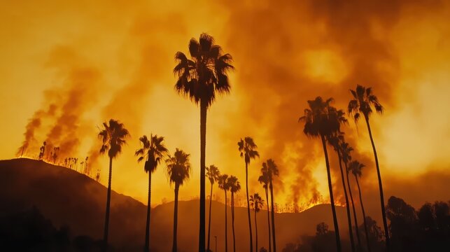 Iconic palm trees silhouetted against vibrant orange Los Angeles sunset with smoke rising from hills in background