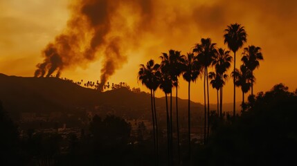 Fototapeta premium Iconic palm trees silhouetted against vibrant orange Los Angeles sunset with smoke rising from hills in background