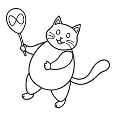 Chubby Playful Cat Playing Badminton Line Art Vector Illustration