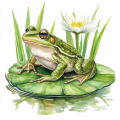 Green frog sits serenely on lily pad in realistic boho style water illustration