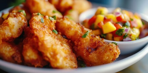 Crispy fried fish with mango salsa on a white plate