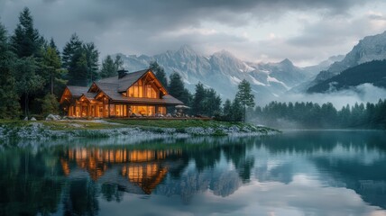 Obraz premium Cozy cabin by a reflective lake surrounded by misty mountains