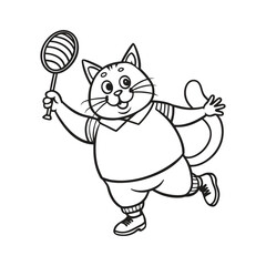Chubby Playful Cat Playing Badminton Line Art Vector Illustration