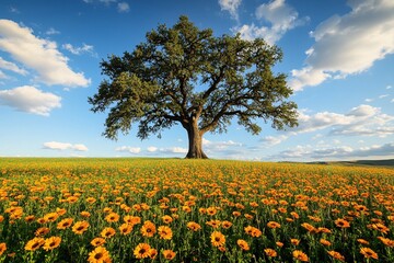 Obraz premium Majestic oak tree surrounded by vibrant flowers scenic meadow nature photography bright day
