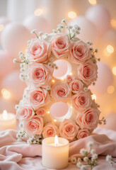 Romantic number 8 made of pink roses with candles and soft lighting