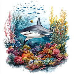 Obraz premium Watercolor shark swims among colorful coral with wonder