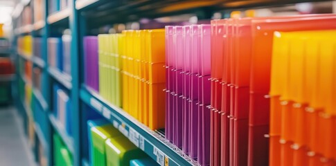 Rows of colorful binders lined up on shop shelves.