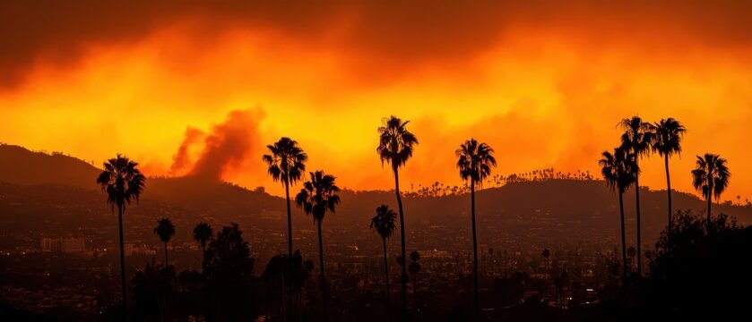 Iconic palm trees silhouetted against vibrant orange Los Angeles sunset with smoke rising from hills in background